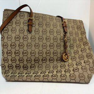 Michael Kors MK Signature Patterned Brown on Tan Zip Top Tote